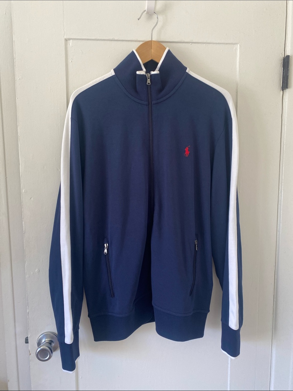 Polo by Ralph Lauren Navy Zip-Up Track Jacket with White Stripes Size Large